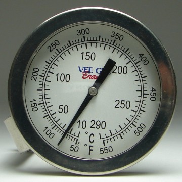 Thermometer, 2" Glass Dial,  Dual Range, Ranges: 50 °F to 550 °F and 10 °C to 290 °C. Not Calibrated